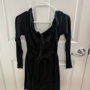 Black Ribbed Long Sleeve Tie-Neck Mini Dress